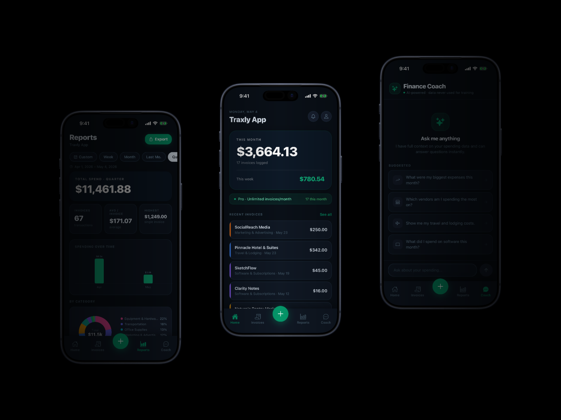 Traxly app — Reports, Home, and Finance Coach screens side by side