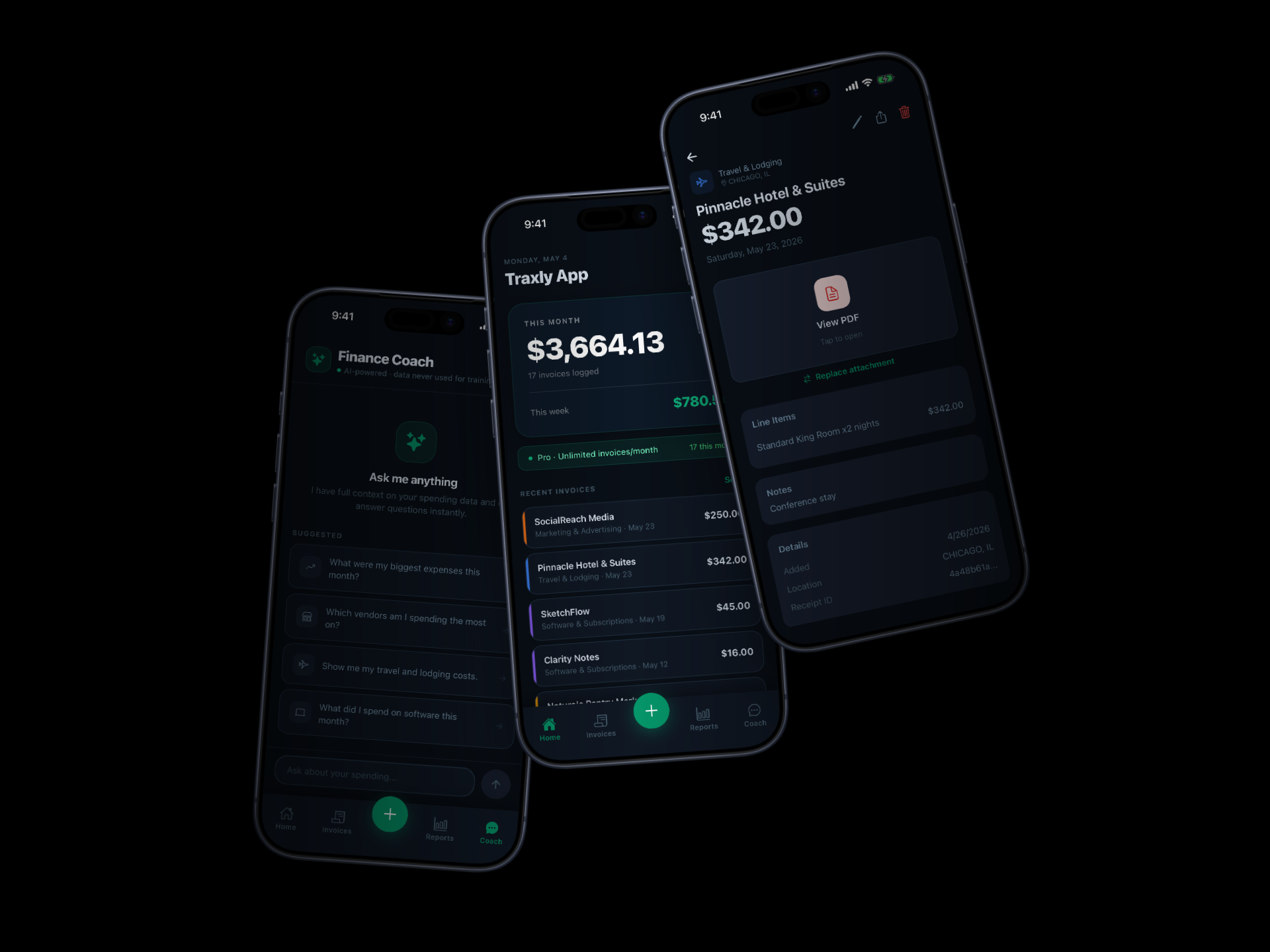 Traxly — Finance Coach, Home, and Invoice Detail screens together