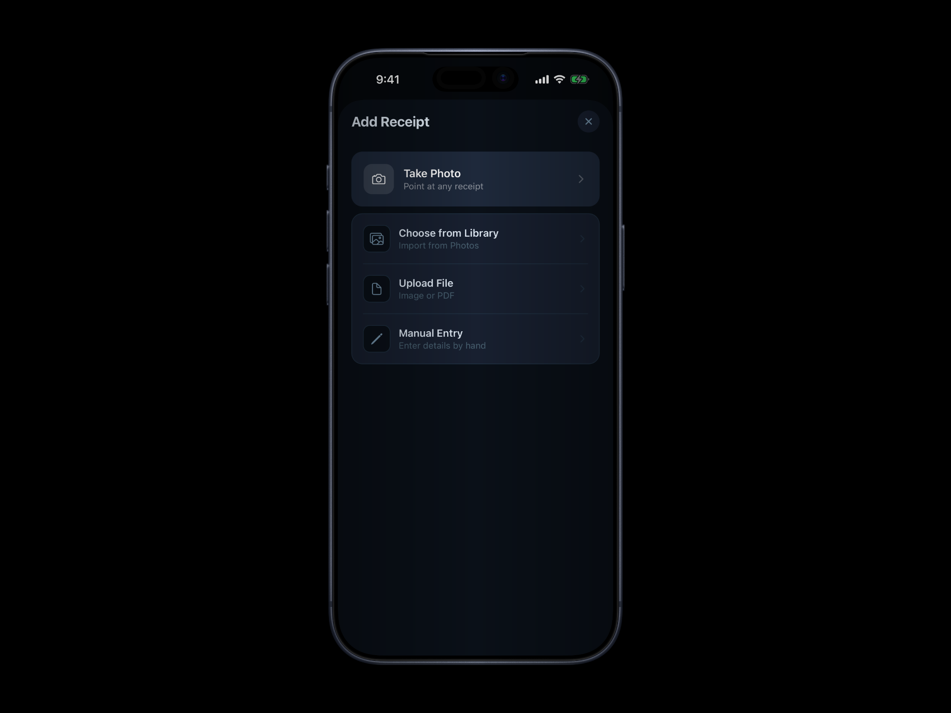 Add Receipt — photo, library, upload, or manual entry