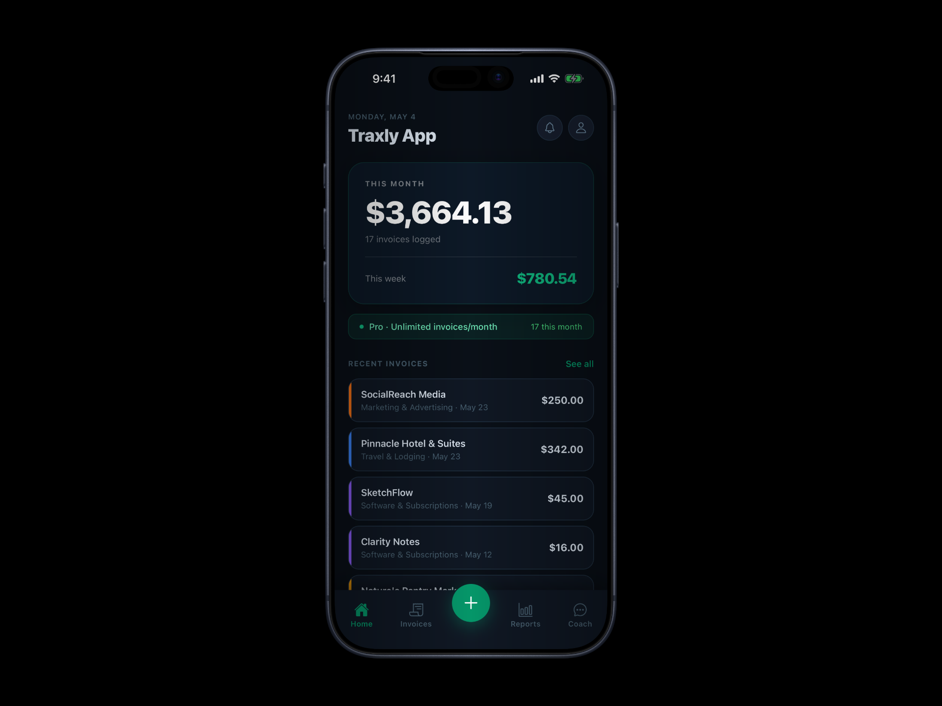 Traxly Home — monthly spend overview and recent invoices