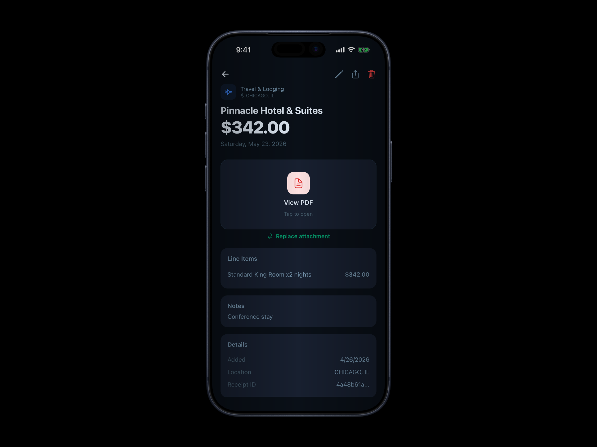Invoice Detail — PDF viewer, line items, notes, and metadata