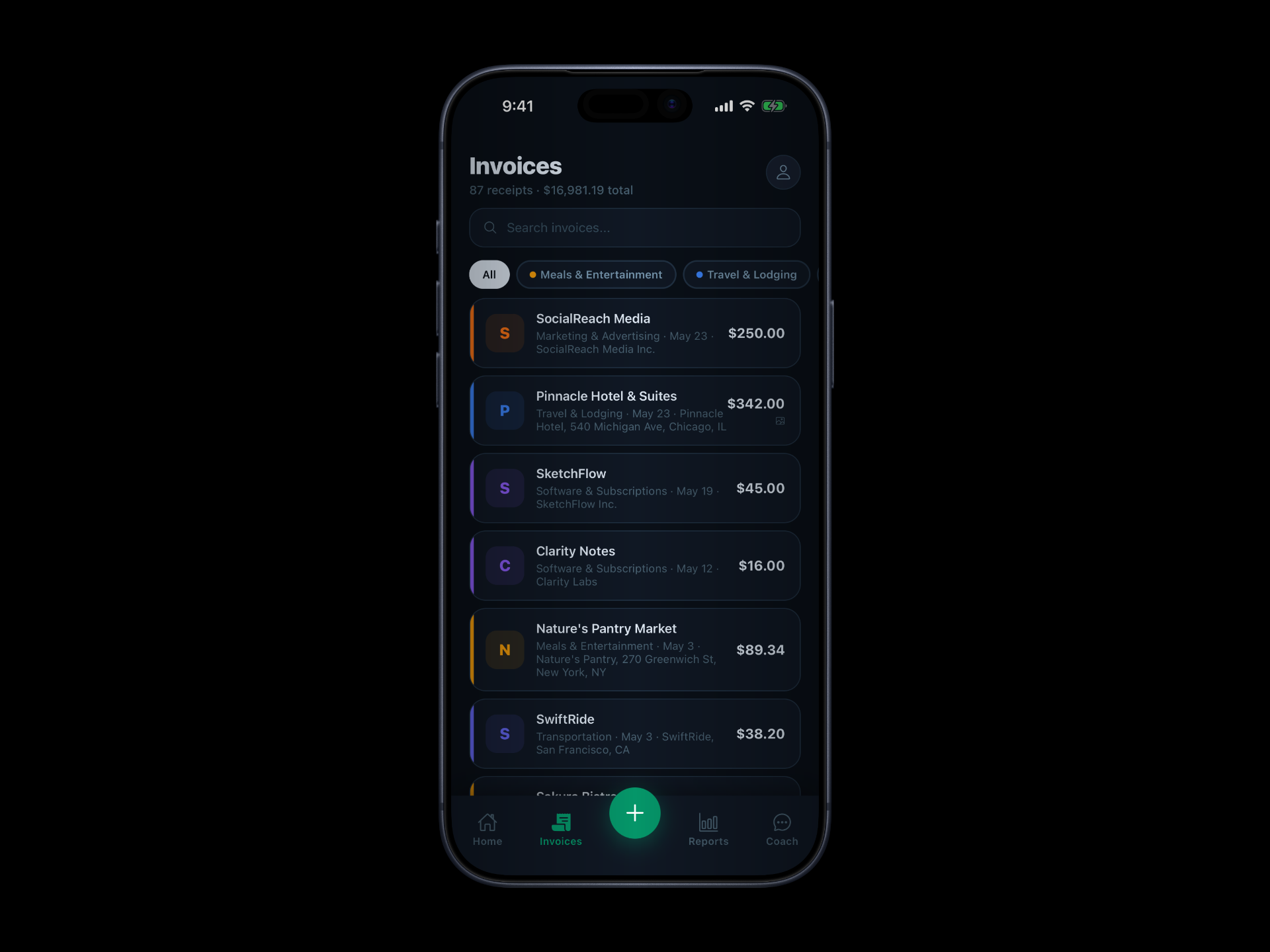 Invoices — full list with categories, amounts, and search